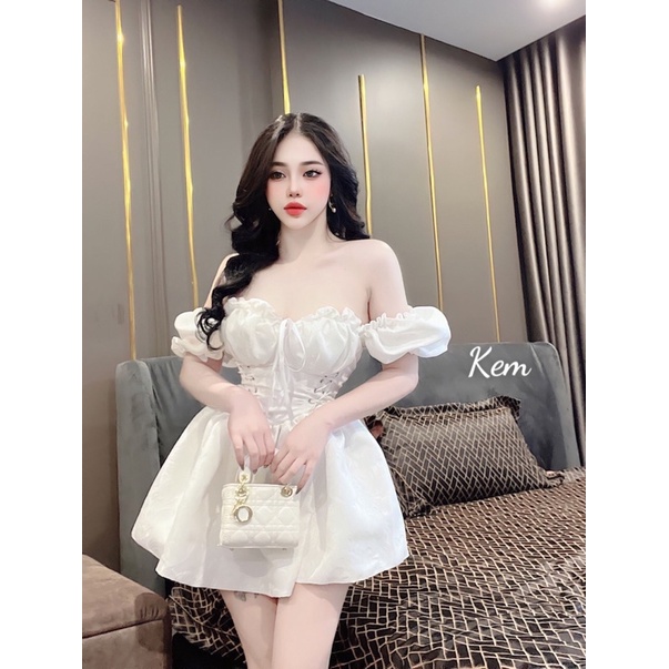 Đầm trễ tay đi tiệc vải gấm dày dặn siêu đẹp chân bồng