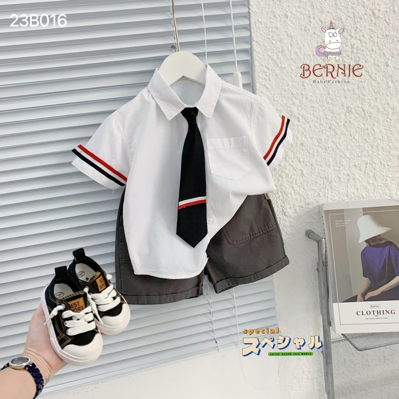 Bộ short sơ mi trắng kèm cà vạt-kẻ tay đỏ