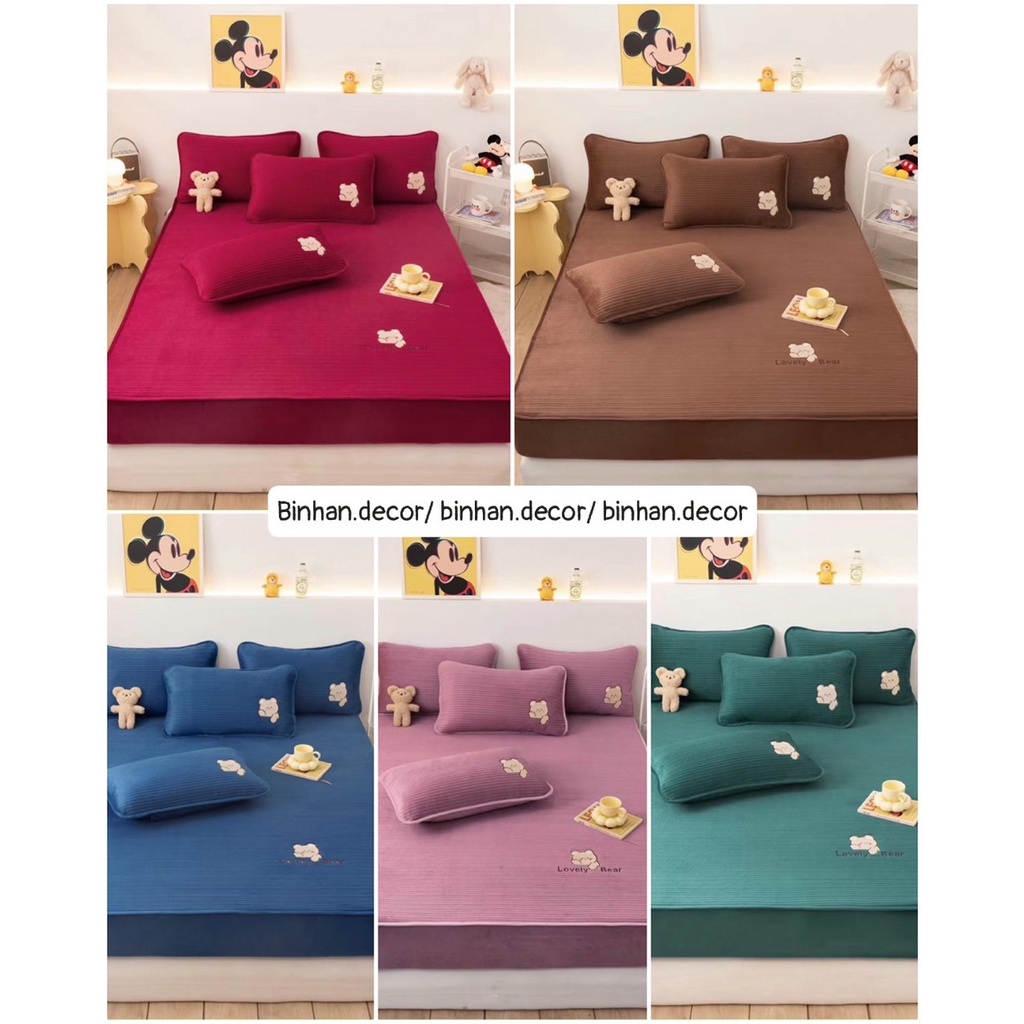 Bộ ga gối nỉ nhung tăm hình mặt gấu Lovely Bear kháng khuẩn, ga nỉ giường trần bông bọc đệm không xù lông