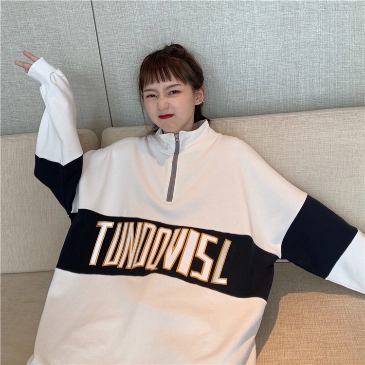 Áo sweater có khóa nỉ bông dày dặn nữ họa tiết chữ A072 tay dài bo chun phong cách trẻ trung, năng động