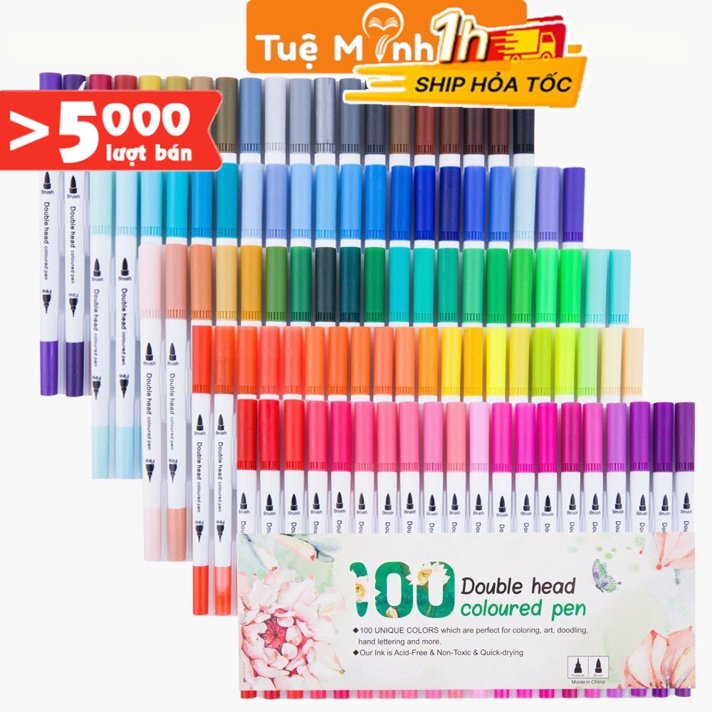 Bút dual tip 2 đầu gồm đầu lông brush + đầu liner viết calligraphy B07 Tuệ Minh