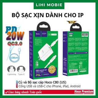 Củ sạc nhanh và bộ sạc nhanh hoco c80/c80a dòng pd 20w, qc3.0, 2 cổng, dây cáp dài 1m