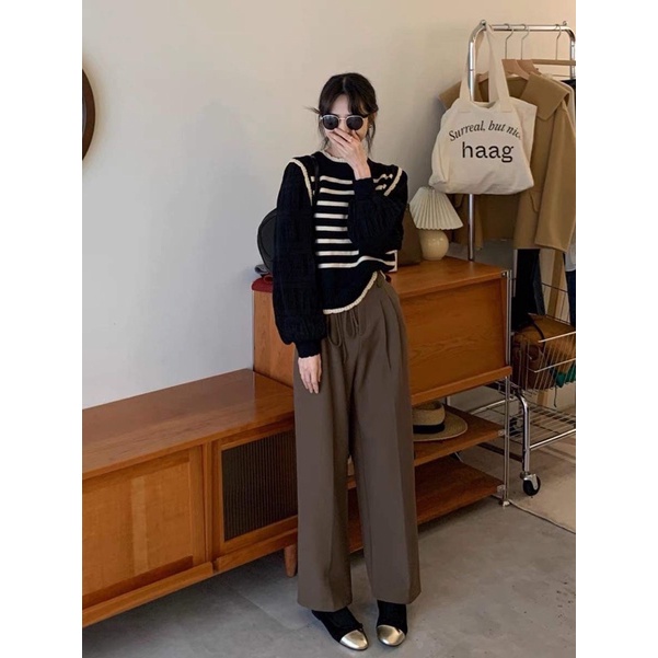 Áo len nữ cổ tròn kẻ phối tay bồng nhún siêu xinh, hàng hot kèm ảnh thật hàng - hàng có sẵn