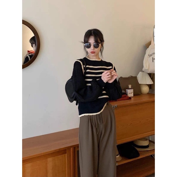 Áo len nữ cổ tròn kẻ phối tay bồng nhún siêu xinh, hàng hot kèm ảnh thật hàng - hàng có sẵn