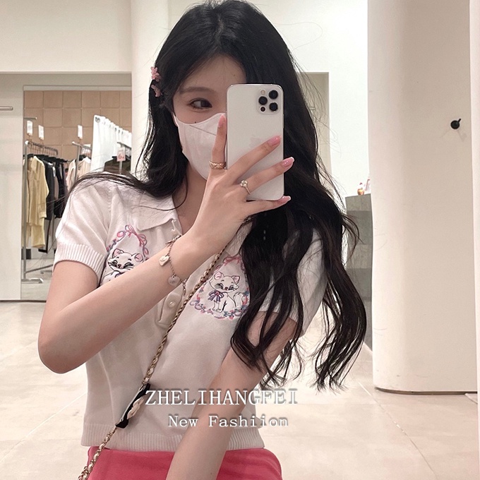 Áo Thun POLO Dệt Kim Tay Ngắn Thêu Hình Mèo 【ZHELIHANGFEI】 Dễ Phối Đồ