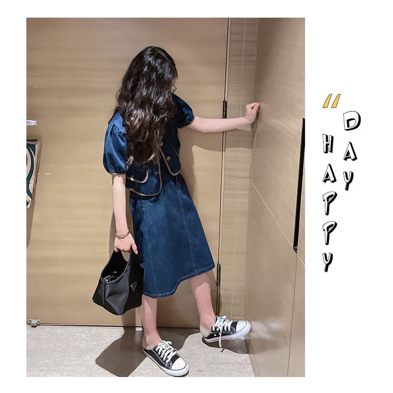 Set Áo Thun Ngắn Tay Và Chân Váy Denim Thời Trang Hè 2022 Mới Cho Bé Gái