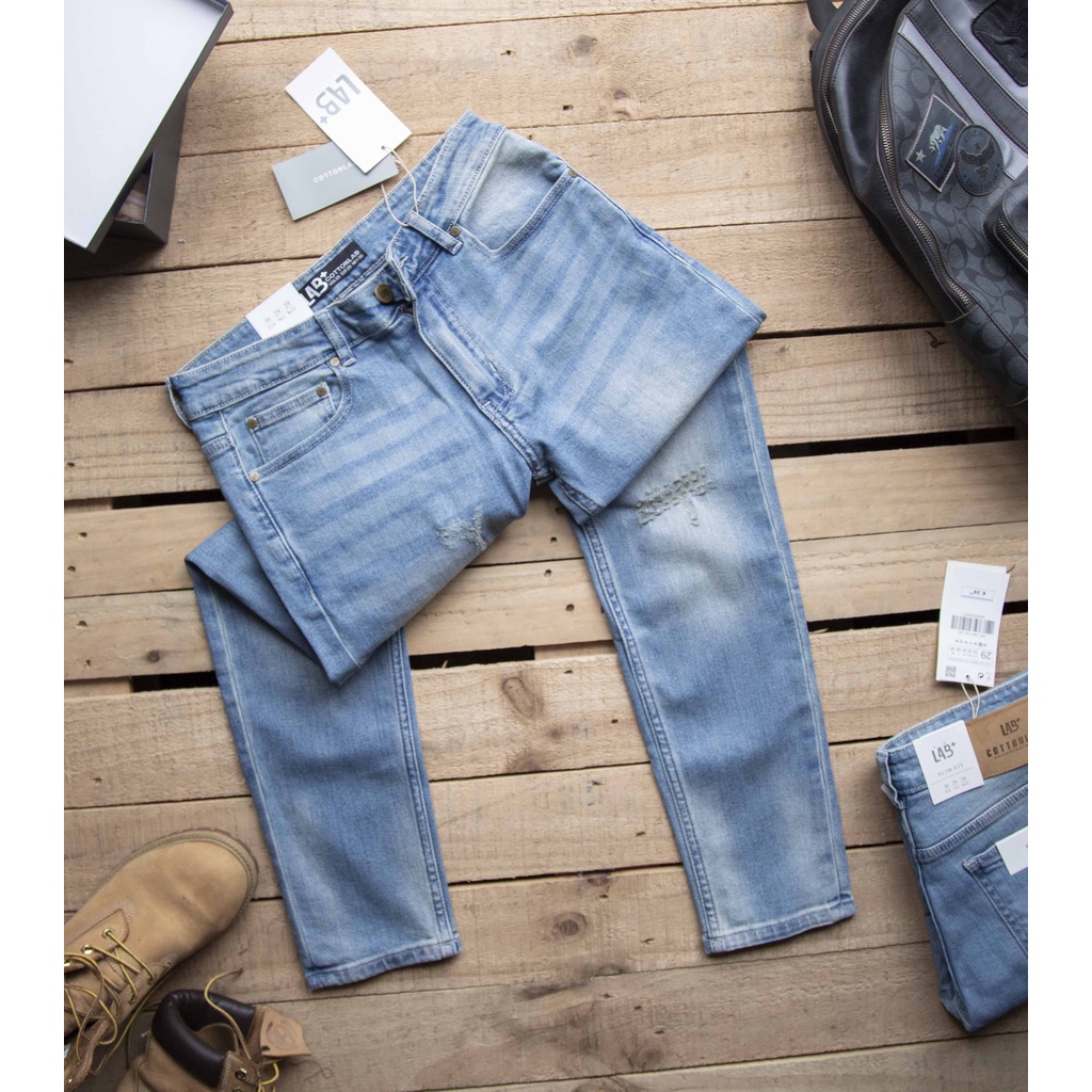 Quần Jean nam LAB+ COTTONLAB quần bò màu xanh nhạt cao cấp vải denim co giãn from slimfit - LAB221120