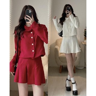 S8297 Set dạ tổ ong chất mềm áo cổ sen vạt lệch kèm chân váy xếp li có quần trong AUDREY