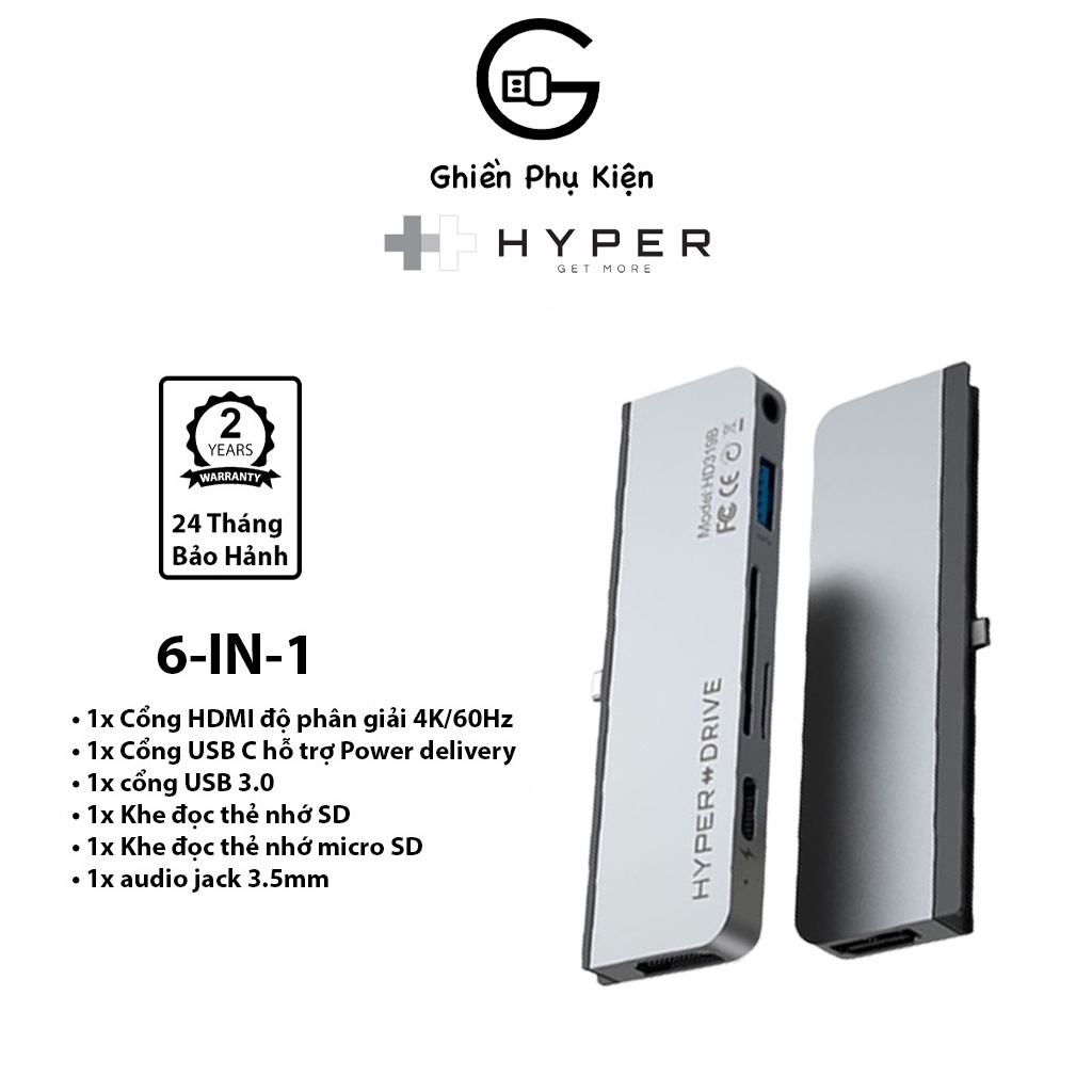 Hub HyperDrive 6IN1 HDMI 4K/60HZ Cổng Chuyển Đổi Type C Dành Cho iPad/Macbook - HD319B