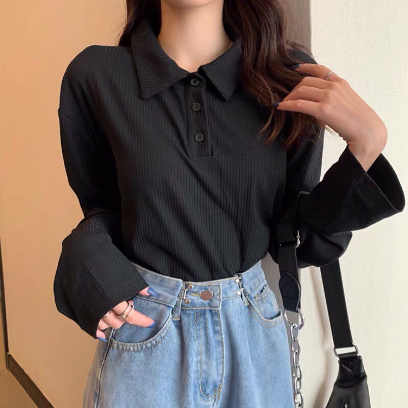 Áo Polo nữ dài tay thu đông A068 vải cotton cá sấu thun dài tay cao cấp dáng rộng 2 màu basic dễ phối đồ