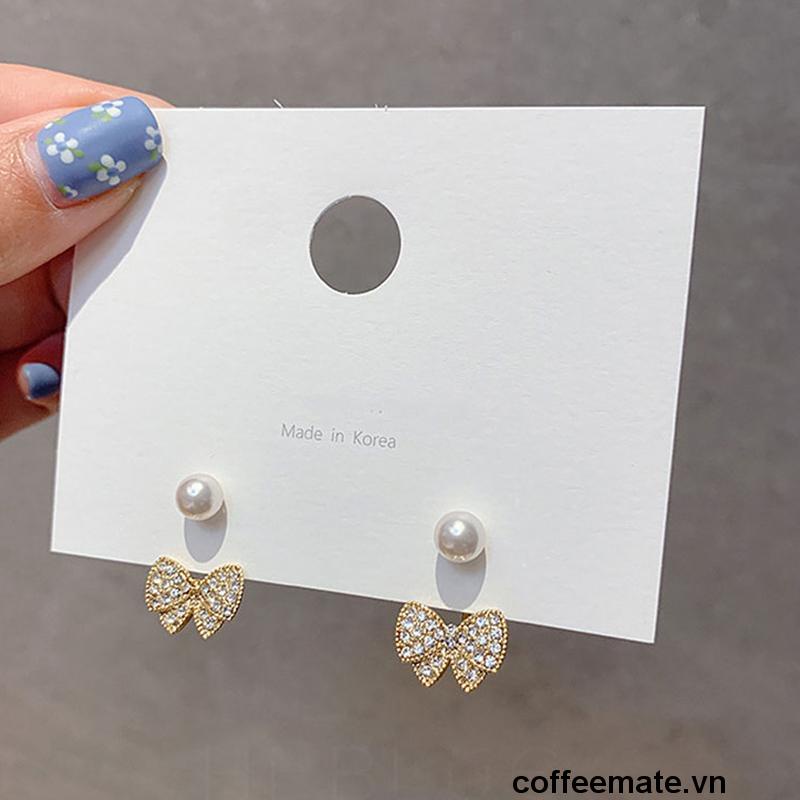 【coffeemate】⚡ Khuyên tai mạ bạc 925 hình nơ phối ngọc trai nhân tạo đơn giản phong cách Hàn Quốc bông tai nữ