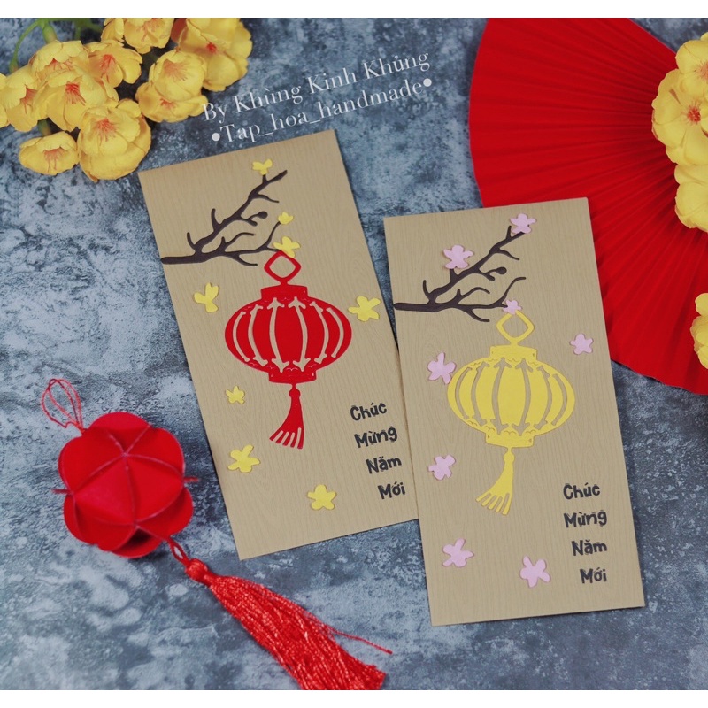 Xấp 2 cái lì xì phong cách vintage, hoạ tiết lồng đèn được làm thủ công từ giấy mỹ thuật cao cấp