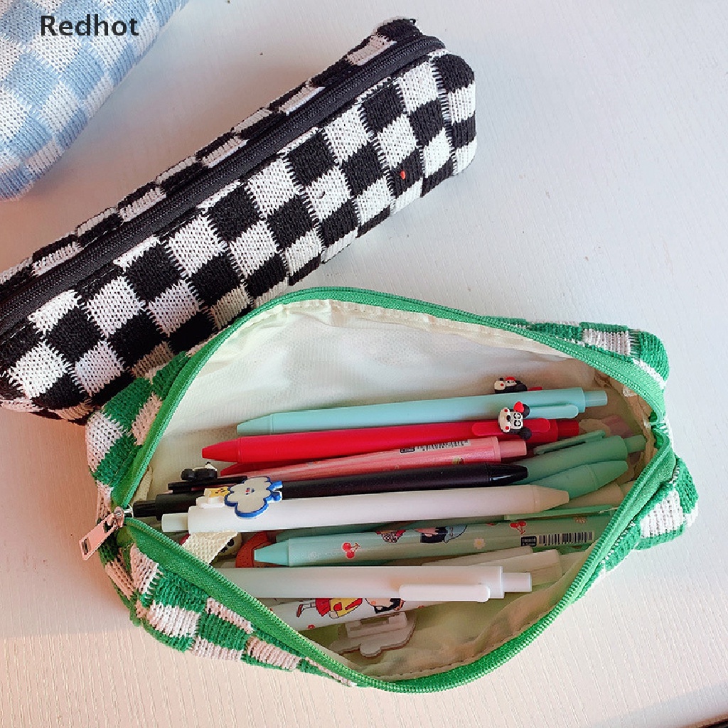 &lt; Redhot &gt; Túi Đựng Bút Chì Mỹ Phẩm Dệt Kim Kẻ Ô Dễ Thương Sức Chứa Lớn Và Sắp Xếp Gọn Gàng Cho Trường Học