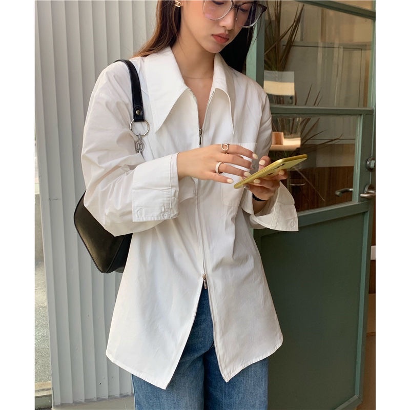 🍓Hàng có sẵn! Áo Sơ Mi Nữ Dài Tay Dáng Rộng Có Khoá Kéo Thời Trang Hàn Quốc