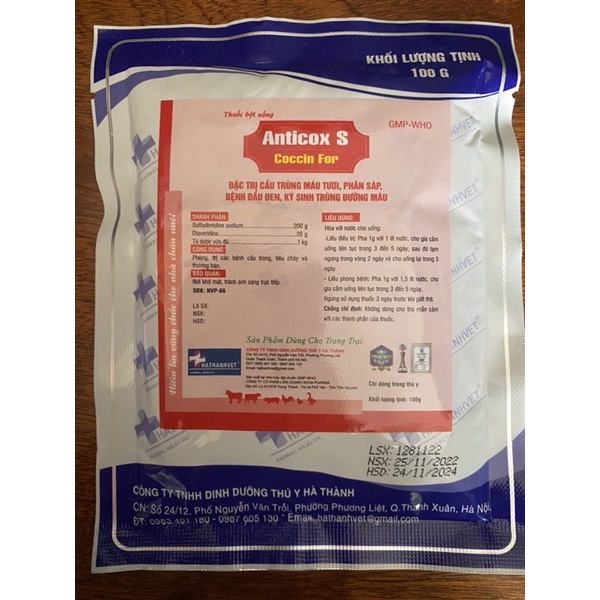 100gr Anticox S - Cầu trùng máu tươi, phân sáp, đầu đen, ký sinh trùng máu trên gia cầm