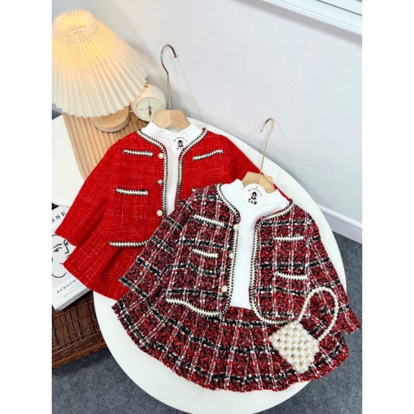 Set 3ct áo váy dạ kèm somi nơ xinh xắn bé gái