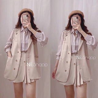Set vest áo blazer váy xếp ly màu nâu be sang chảnh - Ảnh thật