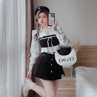 Set thô pra.da áo sơ mi croptop 3 món