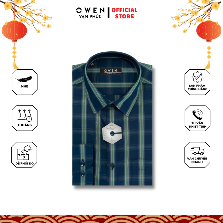 Áo Sơ Mi Nam Dài Tay OWEN AR220879DT Kẻ Caro Navy Xanh Lá Kiểu Dáng Regular Fit Chất Liệu Cafe Charcoal Mịn Mát