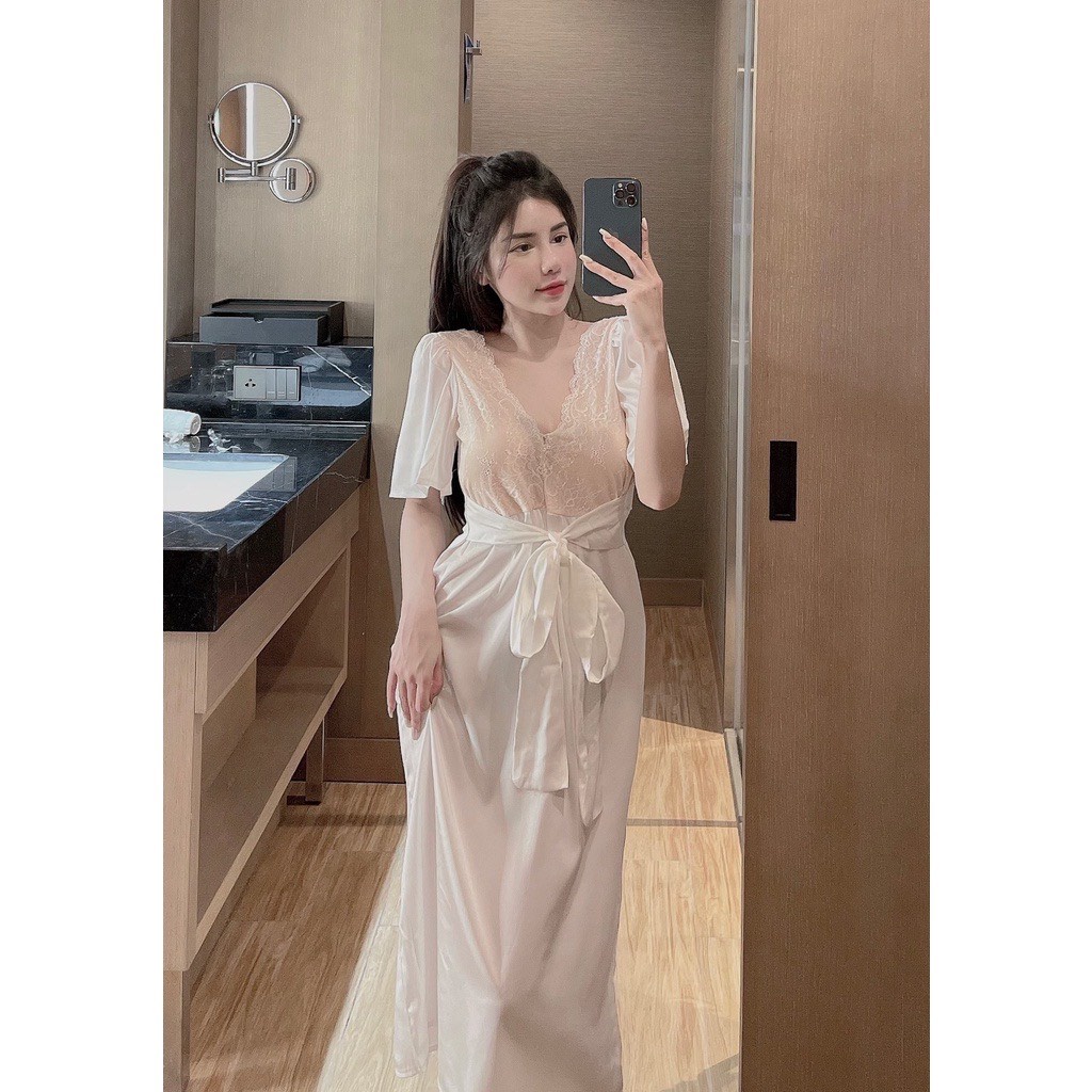 Đầm Ngủ Nơ Phối Ren Kèm Mút Ngực Dáng Maxi Chất Lụa Latin Siêu Sang Freesize