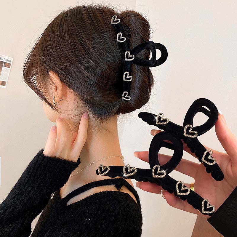 Kẹp Tóc Nhung Đen Đính Đá Hình Trái Tim Phong Cách Hàn Quốc Cho Nữ