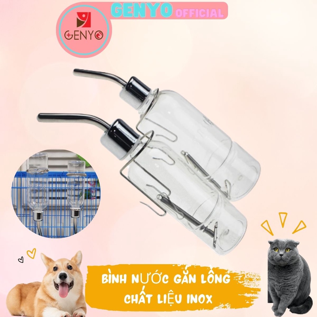 Bình nước cho chó mèo bình nước gắn chuồng chất liệu inox bình nước cho thú cưng- Genyo pet care