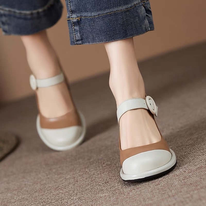 ORDER 🍓 Giày gót trụ mũi phối da bò mềm quai cài 8cm