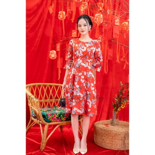 Đầm xoè Elsa 0308 lụa hoa cổ tròn tay ngắn giá tốt váy Lucy