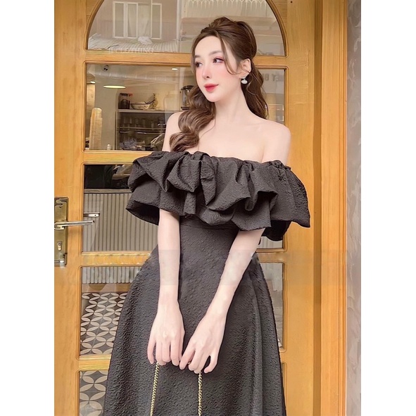Váy nữ trễ vai bèo xoè Vintage dự tiệc sang trọng chất gấm xốp nổi màu trắng đen V333 full size AĐ BOUTIQUE
