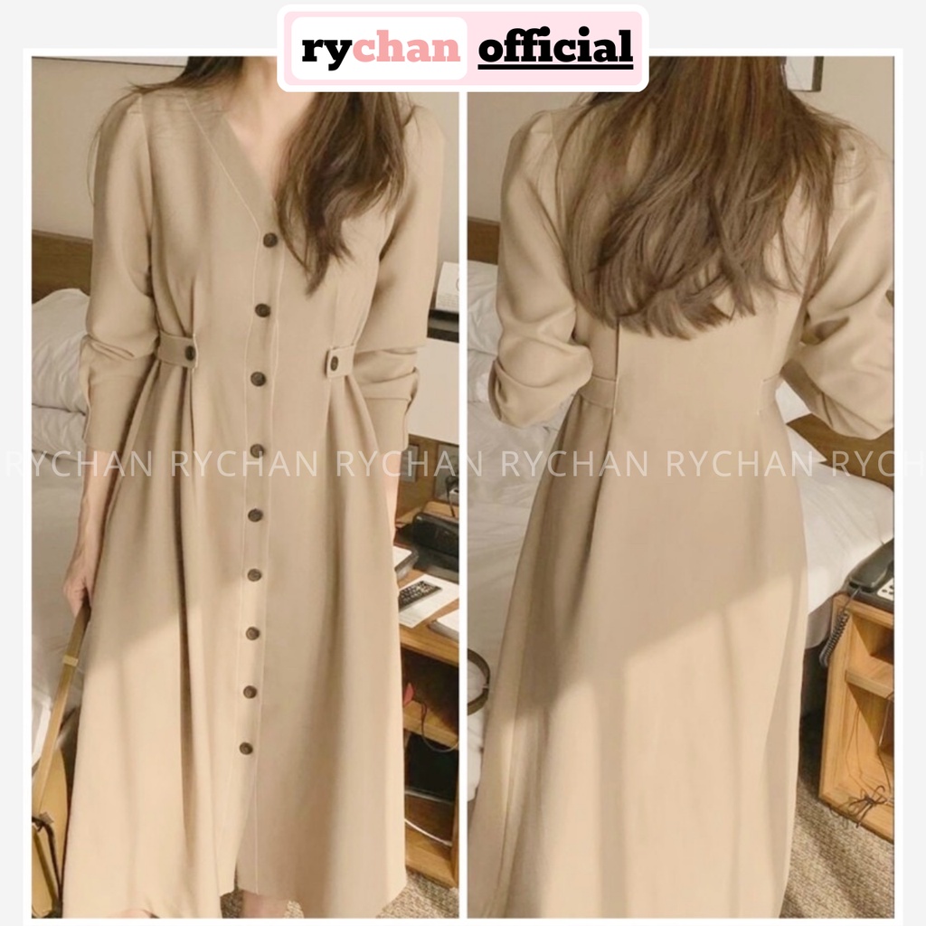 Đầm Nữ Hàn Quốc Công Sở Chiết Eo Cổ V Nút Đen Thanh Lịch, Váy Nữ Dạo Phố Tay Lửng Basic Thục Nữ Màu Kem - DX301