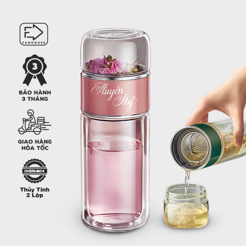 Bình thủy tinh 500ml khắc tên cao cấp có lõi lọc, bình nước Fan House khắc tên tặng sticker