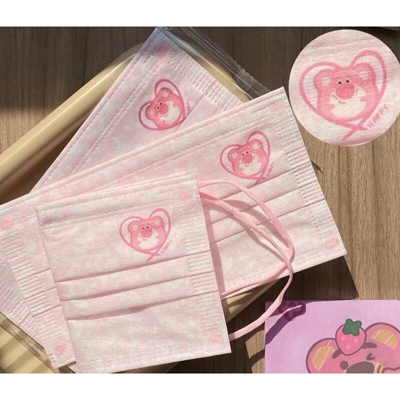 Khẩu trang gấu dâu lotso họa tiết hoạt hình toy story dành cho người lớn phong cách hàn quốc trẻ trung 3 lớp dày dặn