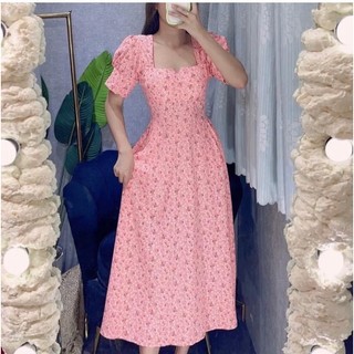 Váy hoa nhí cổ vuông tay phồng, maxi dài qua gối