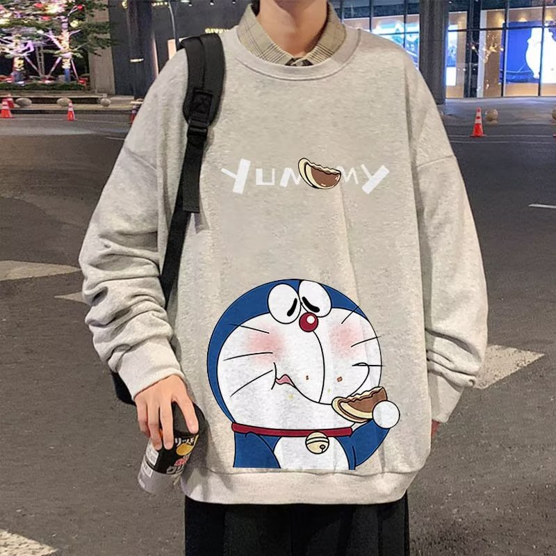 M-8XLáo khoác nam Áo Sweater Tay Dài Dáng Rộng cotton In Hình Mèo Máy Doremon Phong Cách retro Mỹ Thời Trang Unisex