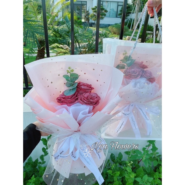 Bó Hoa Nhũ 3 Bông Kèm Túi Đèn