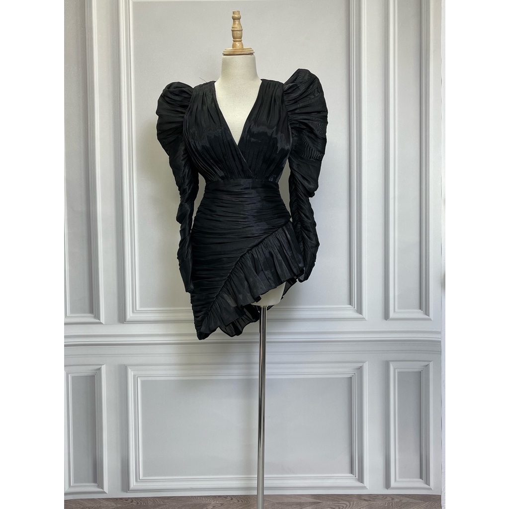 V1585 Váy tay bồng LONG NG Hàng hiệu chính hãng thời trang nữ màu đen size S Secondhand thanh lý ký gửi