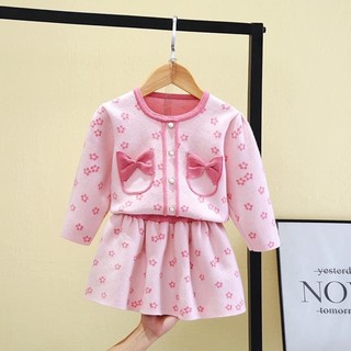 Set váy hoa đào nơ hồng bé gái siêu xinh