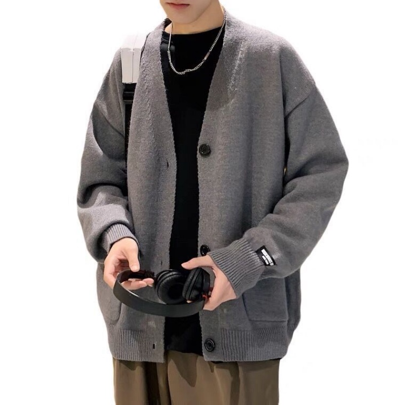 Áo Khoác Cardigan Dệt Kim Cổ Chữ V Dáng Rộng Màu Trơn Phong Cách Xuân Thu Mới Cho Nam