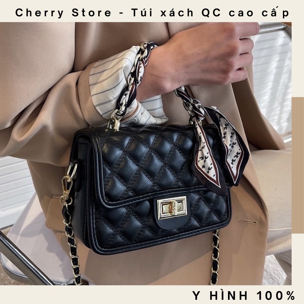 Túi đeo chéo kẹp nách cầm tay nữ trần chỉ da mềm quấn khăn lụa cực xinh có ảnh thật 1284