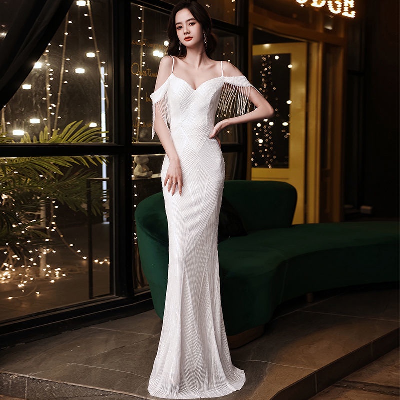 2c.v.24k. Đầm Dạ Hội Đuôi Cá Hai Dây Màu Trắng Sang Trọng (Mặc Hàng Ngày)