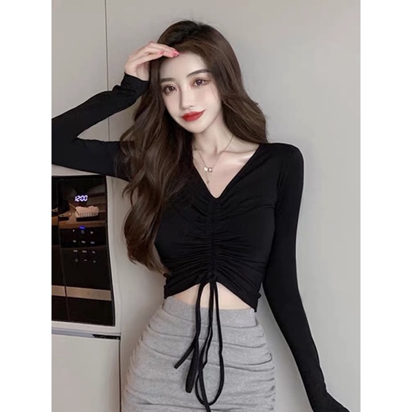 Áo kiểu thun croptop tay dài cổ tim rút dây cho nữ siêu dễ thương