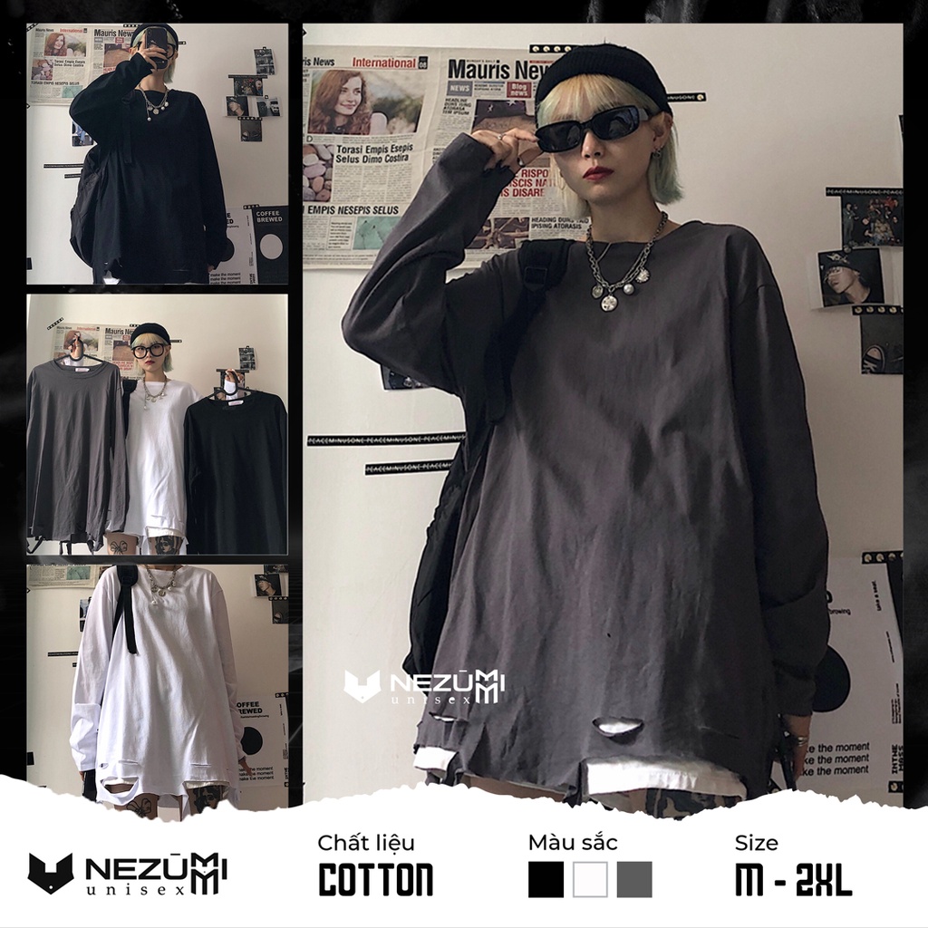 (Sẵn) Áo thun dài tay 95% cotton rách gấu tạo layer màu trơn basic cắt kiểu hiphop unisex nam nữ