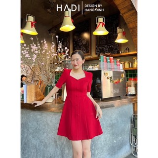 Đầm đỏ cổ viền nút bọc - Huyền Vi