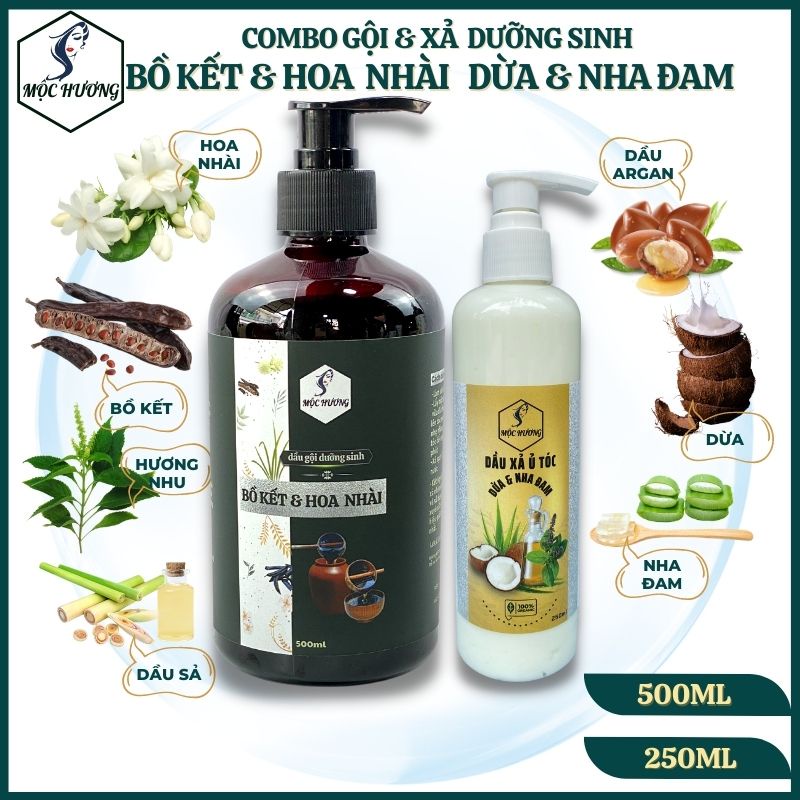 Bộ đôi gội BỒ KẾT HOA NHÀI & xả SỮA DỪA, NHA ĐAM Mộc Hương - Giảm khô gãy, chẻ ngọn, lưu hương nhẹ nhàng