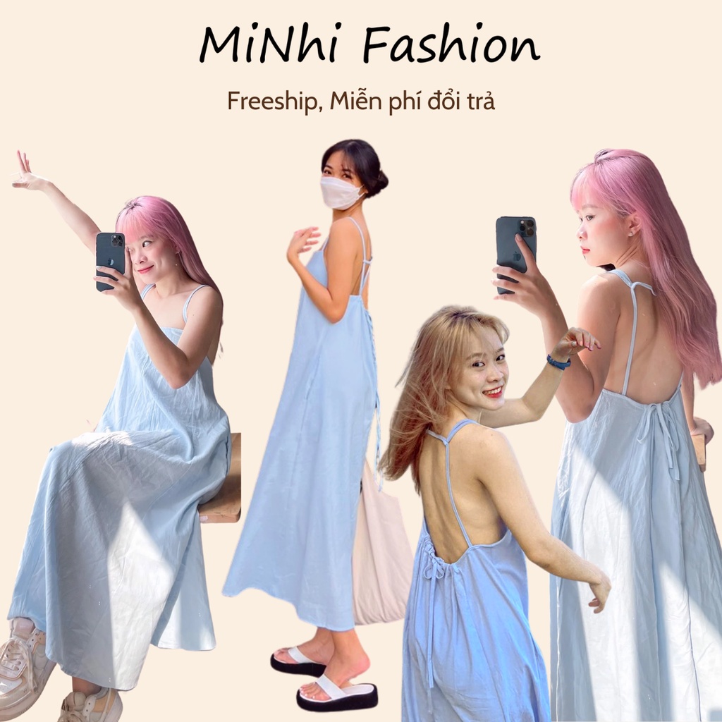 Đầm 2 dây maxi đi biển, Đầm yếm form rộng dáng suông Cao Cấp màu xanh dương dài hở lưng cột nơ sau - MiNhi