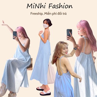 Đầm 2 dây maxi đi biển, Đầm yếm form rộng dáng suông Cao Cấp màu xanh dương dài hở lưng cột nơ sau - MiNhi