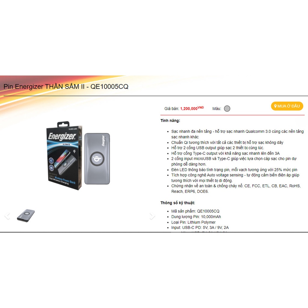 Sạc Dự Phòng Energizer Có Không Dây