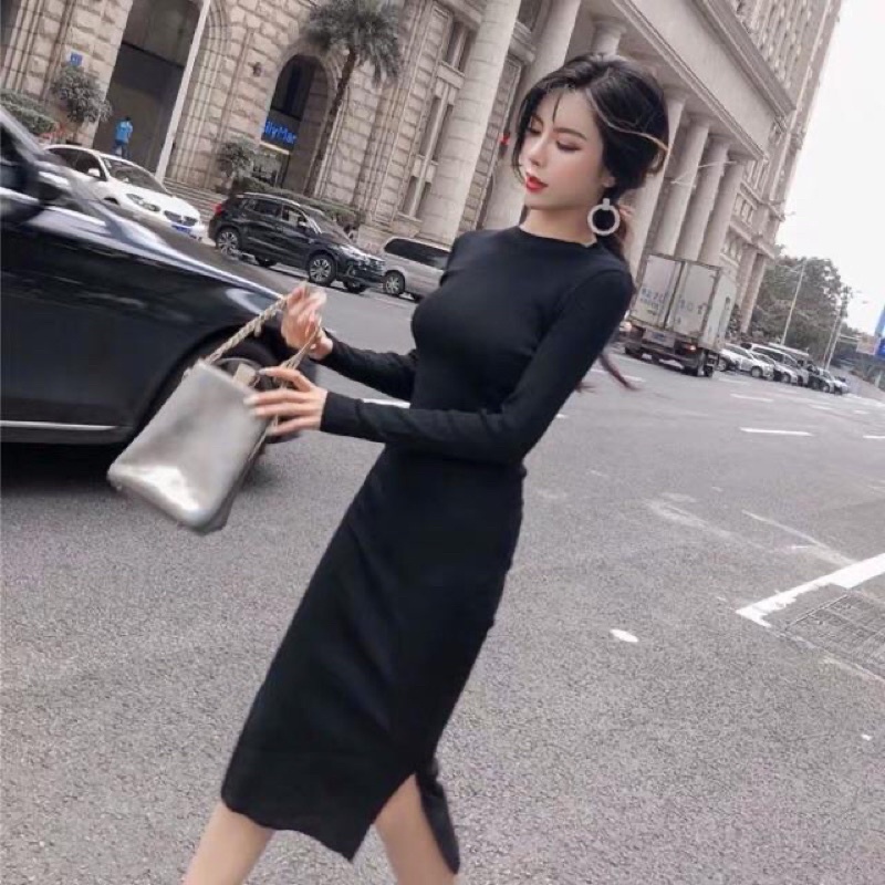 Đầm ôm váy body xẻ sau+ xẻ sườn len tăm dài tay