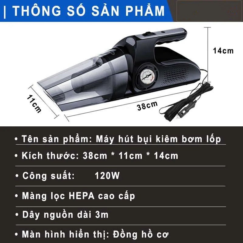 Máy Hút Bụi Và Bơm Lốp Ô Tô Đa Năng 4 trong 1 - Hút Bụi, Bơm Lốp, Đo Áp Suất Lốp, Đèn Pin Chiếu Sáng