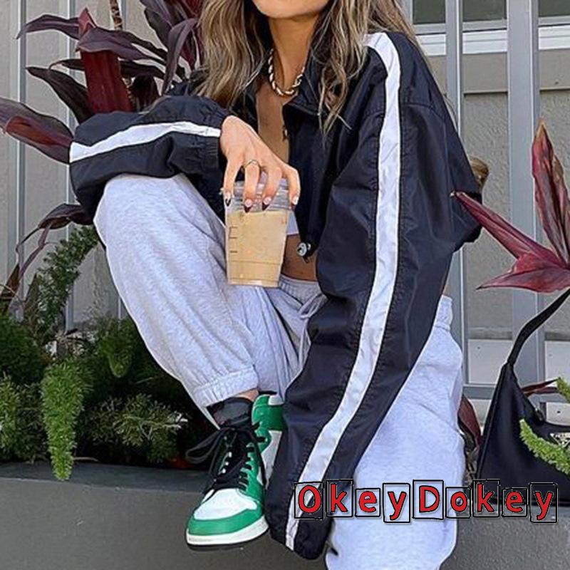 Áo Khoác Crop Top Tay Dài Cổ Bẻ Có Khóa Kéo Màu Sắc Tương Phản Thời Trang Cho Nữ OKDK-Y2K